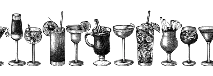 Hand-sketched cocktail illustration Vector sketches of alcoholic drinks in elegant glasses. Popular alcohol cocktails vintage hand-drawing. Perfect banner design for bar or restaurant menu